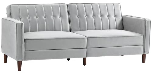 HOMCOM Convertible Sofa Bed Click Clack 3 Seater Sofa Bed 189cm Light Grey | Button Tufted, Velvet Sleeper Couch, Split Reclining Backrest, Rubber Wood Legs