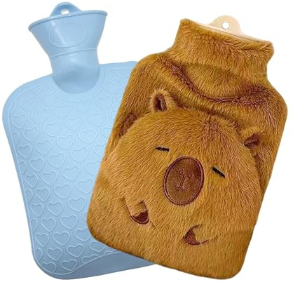 Wärmflasche mit Bezug, Auslaufsicher Bettflasche mit Kuschelig Weichem Bezug, Niedliches Blaues Welpenmuster, Geschenke für Frauen, Hot Water Bottle für Kinder & Erwachsene (Braun)