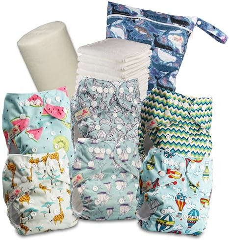 Littles & Bloomz Couche Lavable – Couche à Poche avec Boutons‑Pression, 6 Inserts en Microfibre, Voiles de Protection en Bambou & Sac à Couches Imperméable, 627PM6