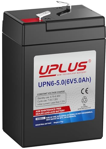 UPLUS UPN6-5.0 6V 5Ah AGM Akku, F1 Flachstecker, wartungsfrei Akku | VRLA Akku für Kinderfahrzeuge, Alarmanlage, USV, Notbeleuchtung. 70L×47B×100H(mm), vor Kauf Maße prüfen