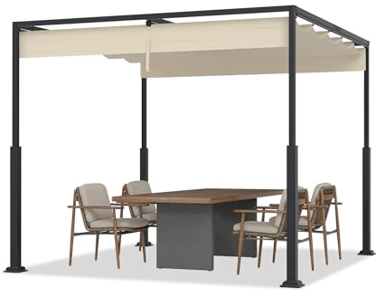 YUENFONG Terrassenpavillon 3x3m Pergola mit Verstellbarem Dach, Robustes Metallgestell, UV-Beständig und Wasserdicht Outdoor Pavillon für Garten, Patio und Terrasse, Beige