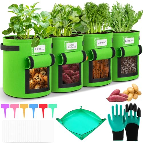TEGOVE 4 Stück 40L Kartoffel Pflanzsack 10 Gallonen,Kartoffelsack Zum Pflanzen mit Sichtfenster,Pflanztaschen Kartoffelsack,Garten Pflanzbeutel,Kartoffelpflanzsäcke für Gemüse Blumen Früchte