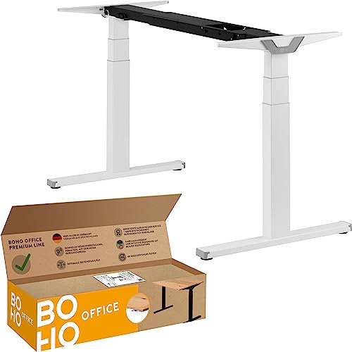 boho office® Höhenverstellbarer Schreibtisch Gestell - Made in Germany, Elektrisch stufenlos, 2 laufruhige Motoren, 3-Fach Teleskop, Kollisionsschutz - Premium Line Weiß mit Wippschalter