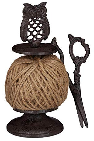 Relaxdays Schnurhalter Eule, Gusseisen, antiker Fadenhalter mit Schere & Pflanzschnur, Nostalgie Gartendeko, Dunkelbraun, 22.5 x 10 x 12 cm
