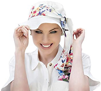 LOLA - Sommerhüte Damen, UPF 50+ Sonnenschutz, Sonnenhüte, Chemo-Kopfbedeckung - Krebs-Strandhut-Einsätze mit Schal, Chemo-Mütze für Alopezie-Patienten Größe. Einheitsgröße, White Forest Fiori