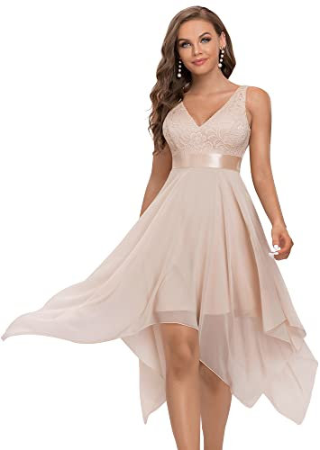 Ever-Pretty Robe de Soirée Asymétrique au Genou Femme Double Col-V sans Manche en Dentelle Mousseline de Soie Nude 46