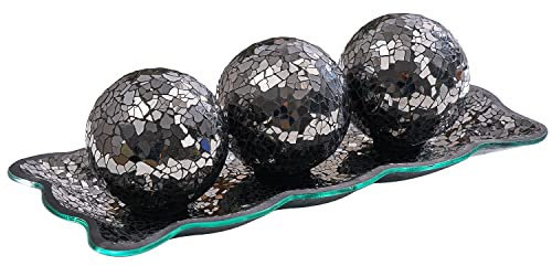 KMwares Bandeja decorativa de cristal de mosaico de 12.4 pulgadas con 3 esferas decorativas de 3 pulgadas, decoración de esfera para sala de estar o mesa de comedor, mesa de café, mantel, centro de