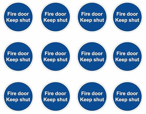 Fire Door Safety Signs Round [Pack of 12] - Fire Door Keep Shut Stickers Adherent Vinyl Stickers (80mm x 80mm)