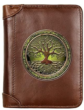 pour Les Hommes Cuir Véritable Portefeuille Court, avec Blocage RFID Trifold Porte-Monnaie, Viking Arbre de Vie Arbre à Souhaits Portefeuille,café