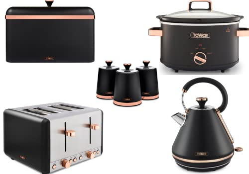 Tower Cavaletto Black & Rose Gold 3KW 1.7L Pyramid Kettle, 4 Slice 1800W Toaster, 6.5L Slow Cooker, Bread Bin & Set of 3 Tea, Coffee, Sugar Canisters. Matching Kitchen Set of 7 Items