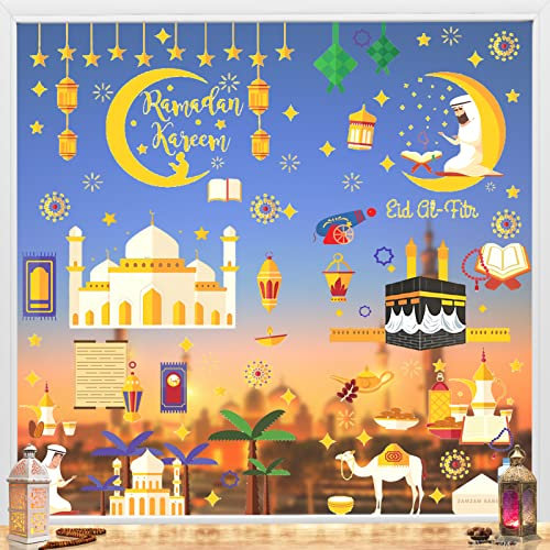 TOPJOWGA Ramadan Fensteraufkleber, 9 Blätter Eid Mubarak Fensterbilder, Stern Halbmond Fenster Aufkleber, Ramadan Aufkleber für Fensterdeko, Muslim Fensteraufkleber Eid Dekorationen