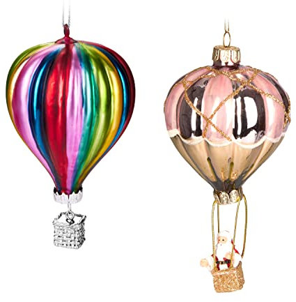 BRUBAKER 2 TLG. Baumkugel Set - Heißluftballon - Weihnachtsmann im Ballon und Bunte Ballonfahrt - Handbemalte Weihnachtskugeln Christbaumschmuck aus Glas Lustig - Deko Baumanhänger