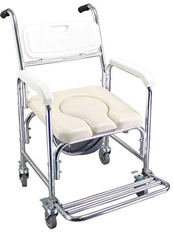 Shower bedside commode with armrests with health line, toilet with roller shower chair with casters (4 wheel brakes), toilet seat backrest and seat, With Bucket Splash Guard (Color : 2)