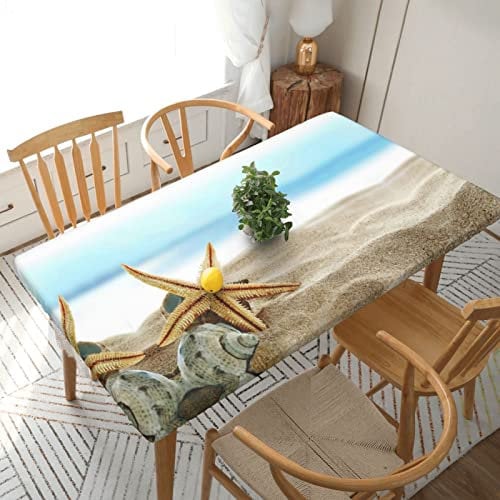 BAFAFA Seestern und Muscheln am Strand, bedruckte Spannbettdecke, 1,5 m, elastische Ecken, Tischabdeckungen, wasserdicht, abwischbar, für Outdoor, Picknick, Küche, Tischdekoration