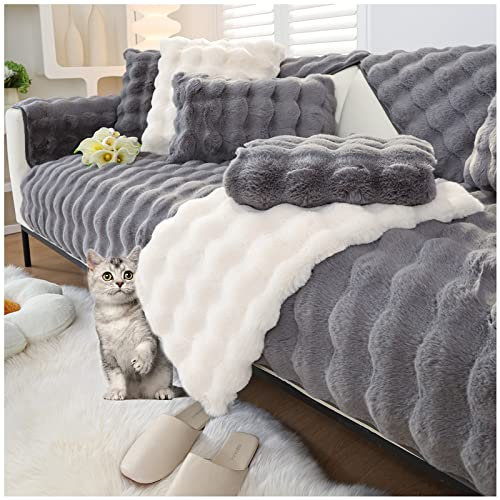 AWAV Thick Rabbit Plush Sofa Cover Sofa Slipcover Corner, 3/2/1/4 Seater Universal Couch Cover Anti-rutsch Sofaüberwurf, Sofahusse Sofa überzug Ecksofa, Sofaschoner für Hunde (Dunkelgrau,70x150cm)