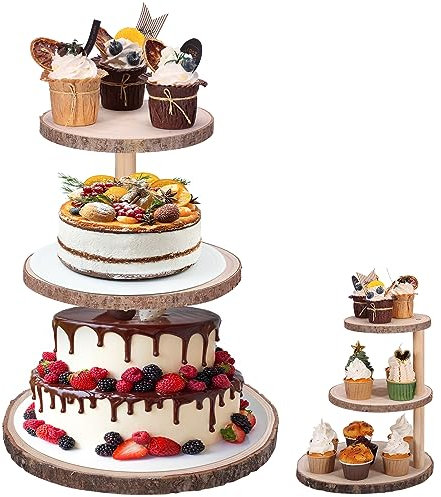 Ayfjovs Cupcake-Ständer mit 3 Etagen, rund, Holz, abnehmbare Holzscheiben, natürlicher Cupcake-Halter für Hochzeit, Tee, Party, Geburtstag, Babyparty, Dessert-Display