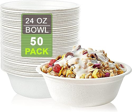 50 Pack - 24 Oz/750 ml, Super Rigid Bagasse Bowls, Biodegradable and Compostable, Eco-Friendly White Sugarcane Paper Bowls Perfect for Milk Cereals Snacks Salads Picnics & BBQ Parties