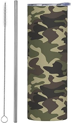DEHIWI Green Military Camo Tumbler Reise-Kaffeetasse mit Deckel und Strohhalmen, Edelstahl, isolierte Kaffeetassen für Frauen und Mädchen, 590 ml