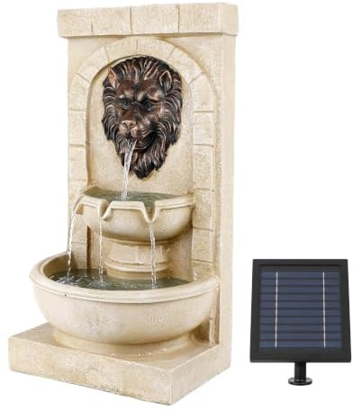 Gardenwize -Solar Powered Lion Head Water Feature Fountain | Stone Effect Weatherproof Resin, Easy Installation | Low Maintenance, Outdoor Patio Garden