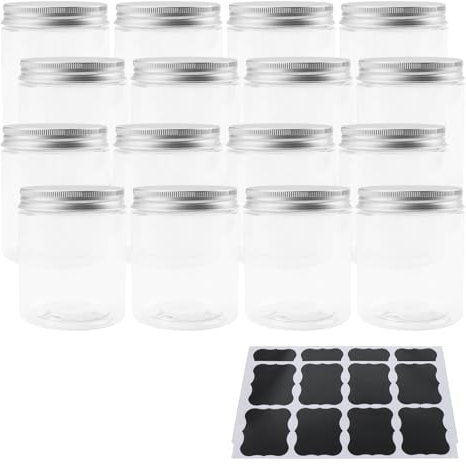 ZEONHEI Paquete de 16 tarros de plástico de 500 ml con tapas de aluminio, tarros transparentes de almacenamiento de alimentos de 16 onzas con calcomanías, recipientes vacíos de almacenamiento de