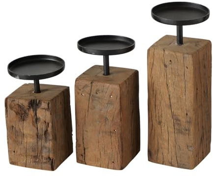ReWu Kerzenleuchter Kerzenständer Solea 3-teilig Eisenbahnschwellenholz Kerzenhalter - Unterschiedliche Höhen - Eisen Natur Schwarz Holz 15cm/17,5cm/22cm