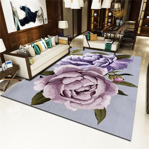TocoLa Decoration Zimmer deko Rasenteppich Outdoor Lila Blumenmuster mit grünen Blättern, Elegantes Wohnzimmer-Dekorationszubehör zur Schalldämmung Balkon Deko 120X200cm