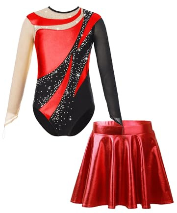 Oyolan Mädchen Turnanzug Balletttrikot Gymnastikanzug Langarm Tanzbody mit Rock Tanzoutfit Wettkampf Trainingsanzüge