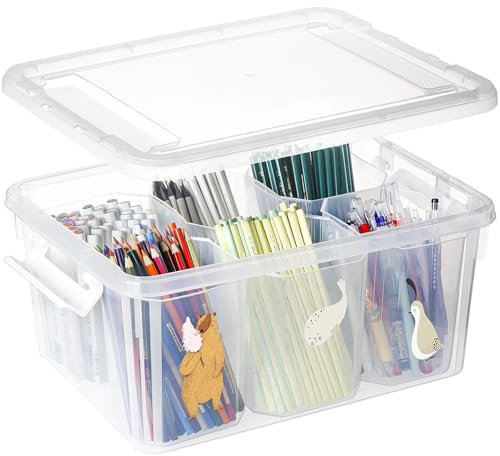Greentainer 16L Plastic Storage Bins with Lids - 1 Pack Art Craft Supply Organizer Box with Brush Pot for Kids, Stackable Clear Pen Container for Toy/Sewing/Comestic/Tool/Playdoh