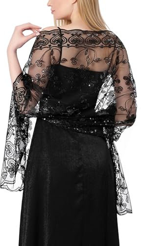 Ladiery Sequin Floral Shawls and Wraps for Evening Dresses,Women sparkly Sheer Mesh Wedding Shawls for Evening Party