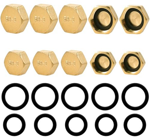 Philtool 10 Stück Messing Stopfen 1/2 3/4 Zoll, Messing kappe Innengewinde mit Gummidichtungen, Blindstopfen Wasserleitung Sechskant, Schlauchkappen Verschlusskappe für Garten Outdoor Wasserrohre