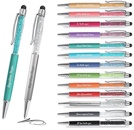 Jolis Papiers – 12 personalisierte Kristall-Kugelschreiber mit Gravur (Text oder Logo) – Touchpen – Firmen-, Event- oder Werbegeschenk – Französische Marke.