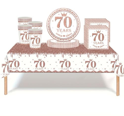 53Pcs Rose Gold 70th Birthday Party Tableware Decorations - Table Cloth, Plates, Napkins, Cups Sets for Her Women's 70th Birthday Gifts Dinnerware Supplies