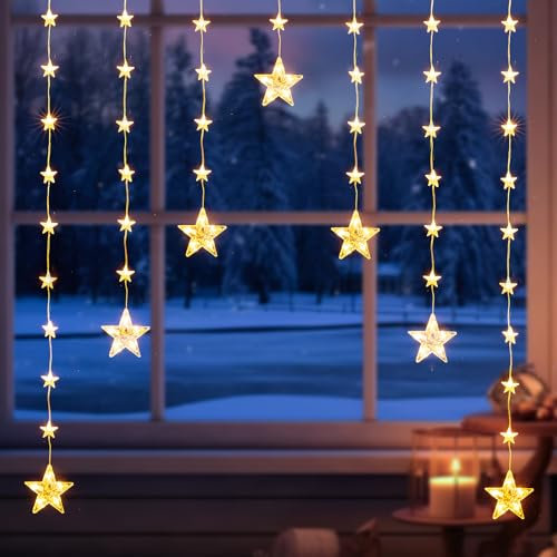 Quntis Christmas Star Window Lights, 1.5m 46 Star Curtain Lights 8 Modes Ip65 Waterproof Warm White & RGB Led Star Fairy Lights Battery Operated for Indoor Outdoor Home Bedroom Garden Party Decoration