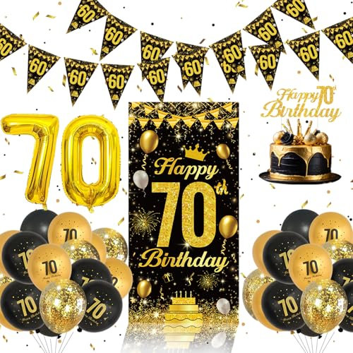 70 Geburtstag Deko Set - Schwarz Und Gold Luftballons Geburtstag Mann Frau, 70 Happy Birthday Banner, 70 Happy Birthday Tortendeko, Luftballon 70 Für Party Deko