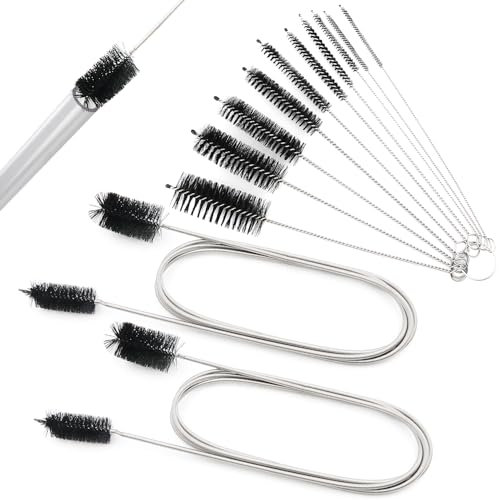 Huiyoulan 12-teiliges Reinigungsset: 10 Mini-Bürsten & 2 flexible Rohrbürsten (155 cm), Edelstahl & Nylonborsten, für Flaschen, Rohre, Aquariumschläuche & mehr