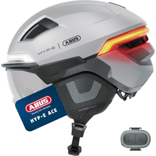 ABUS Fahrradhelm HYP-E ACE - mit Frontlicht, Rücklicht und Blinklicht - mit Visier und Ohrenschützern - geeignet auch für E-Bike und S-Pedelec - für Damen und Herren - Größe L, Silber