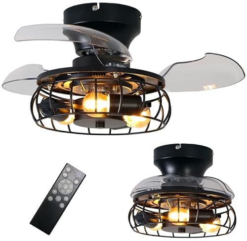 Retro Lámpara De Techo Con Aspa Retráctil Bombilla De 4w Jaula Lampara Ventilador Techo Mando A Distancia Timer 6 Velocidades Reversible Pequeño Ventilador De Techo Con Luz Para Dormitorio,Iron