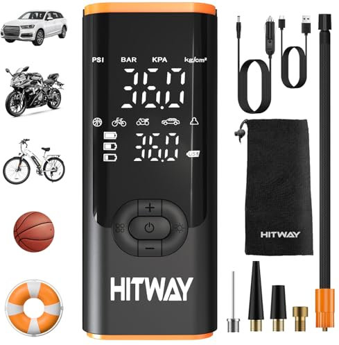 HITWAY Portable Tyre Inflator Air Compressor,Car Tyre Pump Max 150PSI. Preset Tyre Pressure&Auto Shutoff,Suitable for Cars, Motorbikes and Bicycles