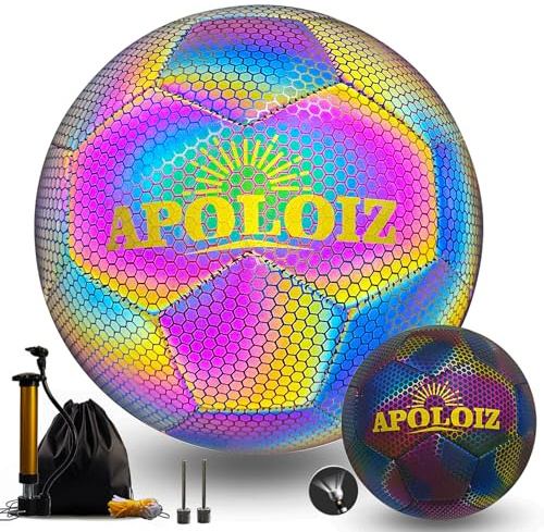 Apoloiz Reflective Football Holographic glow in the dark football Rainbow with Pump,light up football, for Youth Boys & Adults, Outdoor & Night Games