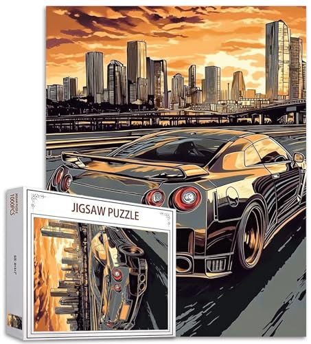 Running Car 1000 Piece Jigsaw Puzzles for Adults Cool Driving on The Hightway Painting Jigsaw Puzzle Automobile Puzzles for Challenging Family Activity Art America Cityscape DIY Puzzle Decor Gifts