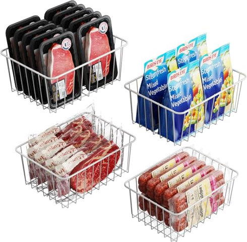iSPECLE Freezer Organiser - 4 Pack Small Upright Freezer Baskets for 368L Freezer, Freezer Bins Sort and Easy Get Food, Stop Food from Falling Out, Air Circulation for Better Freshness, White