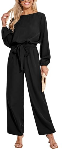 CUPSHE Women's Jumpsuit Boat Collar Long Sleeve Wide Leg Back Split Belted Elegant Overall Black M
