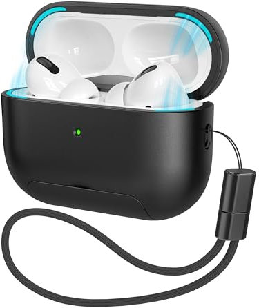 MHYALUDO für AirPods Pro 2./1. Generation Hülle mit Reinigungsset, Rutschfester Verstellbarer Ständer, Anti-Fingerabdruck-Beschichtung und Präzision, vollständiger Fallschutz mit Trageband, Schwarz