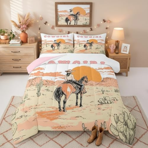 Erosebridal Western Cowgirl - Juego de edredón tamaño matrimonial, Juegos de Ropa de Cama con diseño de Caballo del Salvaje Oeste para niñas, niños y Adolescentes, Juego de Cama Vintage con diseño de