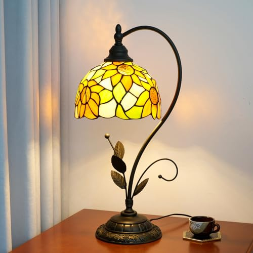 Blivuself Lámpara de mesa Tiffany con cristal tintado amarillo girasol, estilo Tiffany, hojas S, lámpara de escritorio vintage para mesita de noche, salón, oficina, dormitorio, comedor