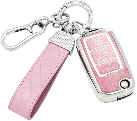 SparkleJoy Autoschlüssel Hülle Leder Schlüsselanhänger für VW Skoda Fabia | Rosa Schlüsselhülle für VW Polo, Skoda, Fabia, Golf 4/5/6, T5, Multivan Schlüssel, TPU Diamantmuster，Schutzhülle Cover