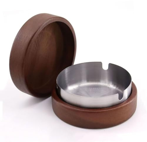 1 PCS Ashtrays With Lid Smell Proof, Indoor And Outdoor Ashtray For Cigarettes, Wooden Ashtrays With Stainless Steel Insert, 9.2 * 3.3cm, Wizard Ashtray For Home, Office, Parties