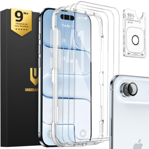 UNBREAKcable iPhone 17 Air Panzerglas Schutzfolie 3 Stück, Verbessertes Doppelt Gehärtetes Glas + 3 Kamera Schutz, Military-Grade 9H Härte, HD-klar, Anti-Fingerprint, Hüllenfreundlich, 6,5 Zoll