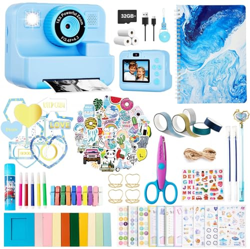 Kids Instant Print Kamera, 1080P Selfie Videokamera mit DIY Journal Kit - 200+ Zubehör, Weihnachts- & Geburtstagsgeschenke für Mädchen & Jungen Alter 3-12 (Blau)