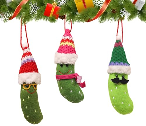 3pcs Weihnachtsgurke, Christbaumschmuck Gurke | Mini-Plüsch Pickle Puppe Handwoven Ornaments, 17CM Weihnachtsbaumanhänger, 2026 Lustiger Weihnachtsbaumschmuck Plastikgurke